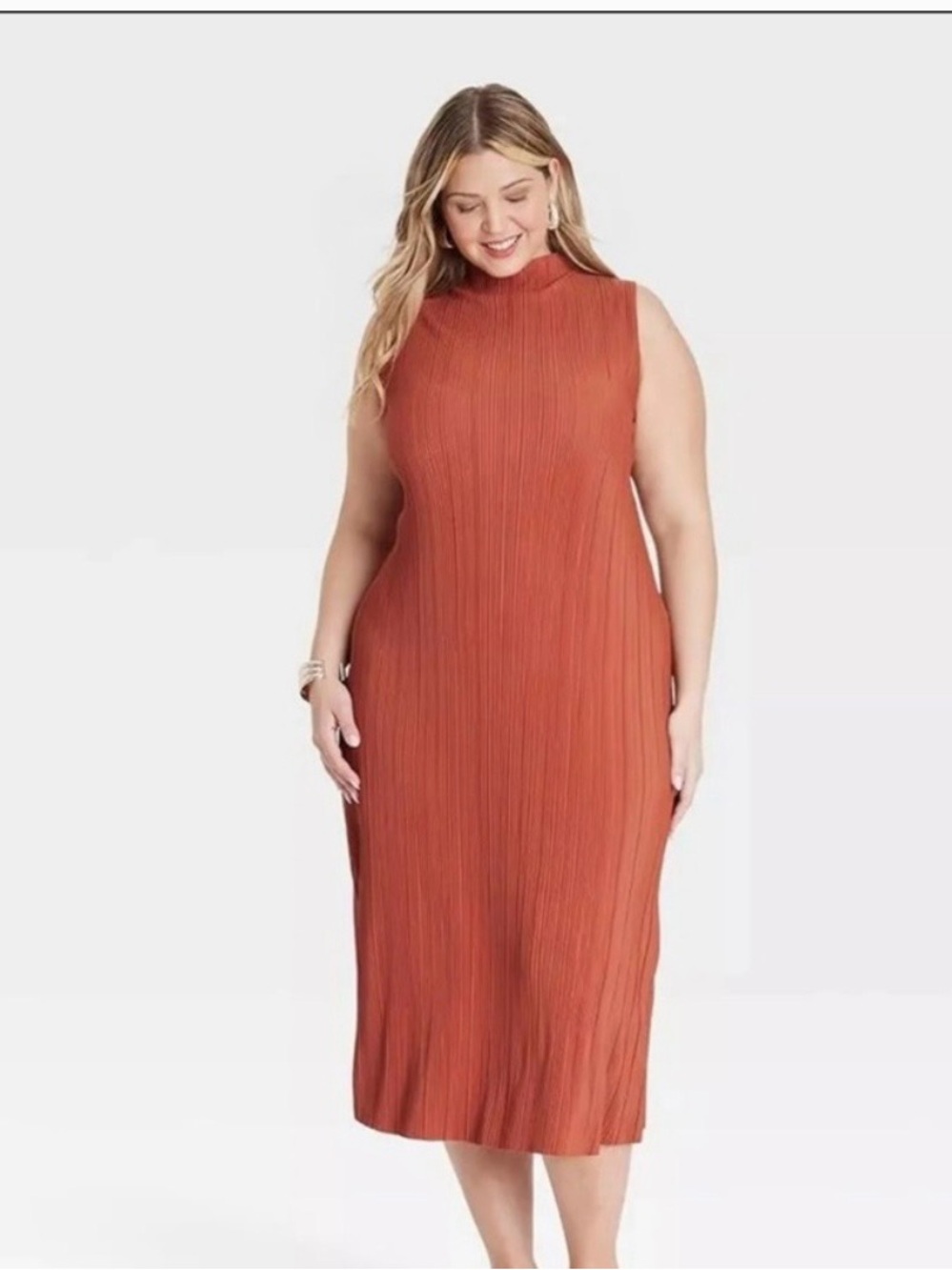 Sleeveless Mock Neck Midi Dress in Rust